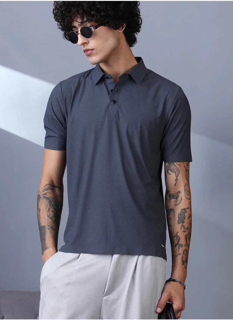 Campus Sutra Campus Sutra Men's Charcoal Grey Seamless Striped Polo T-Shirt For Casual Wear | Polo Neck | Short Regular Sleeves | Button Closure | T-Shirt Crafted With Comfort Fit For Everyday Wear