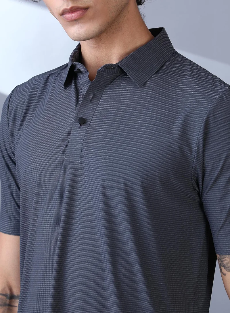 Campus Sutra Campus Sutra Men's Charcoal Grey Seamless Striped Polo T-Shirt For Casual Wear | Polo Neck | Short Regular Sleeves | Button Closure | T-Shirt Crafted With Comfort Fit For Everyday Wear