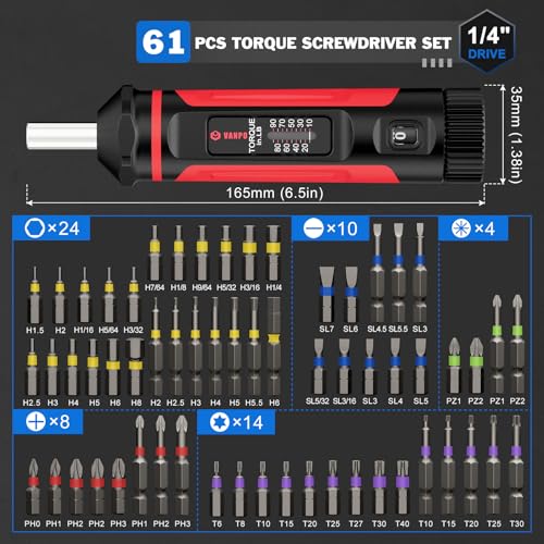 VANPO Torque Screwdriver 1090Inlb Torque Screw Driver Wrench Driver Set 14 Drive Inch Pounds Torque Wrench Screwdriver with 60 S2 Bits for Maintenance Tools DIY Bike Repairing and Mounting - Image 3