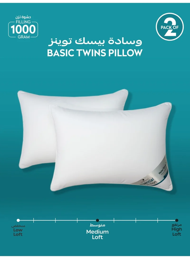 Donetella Snow White Pillow 2 Piece 1000 Gm Bed Pillow 50x75 cm Hotel Style Double Edge Stitched, Microfiber, Mid Loft White  | Best Price UAE