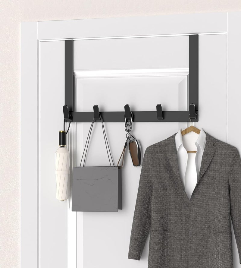 SILLY SAUTE SILLY SAUTE Over The Door Hooks Hanger Matte Black 5 Hooks 1 Pack Upgraded 7 Long Arms Heavy Duty Coat Rack for Hanging Clothes Hat Towel Metal Door Hanger Metal Hooks - Image 2