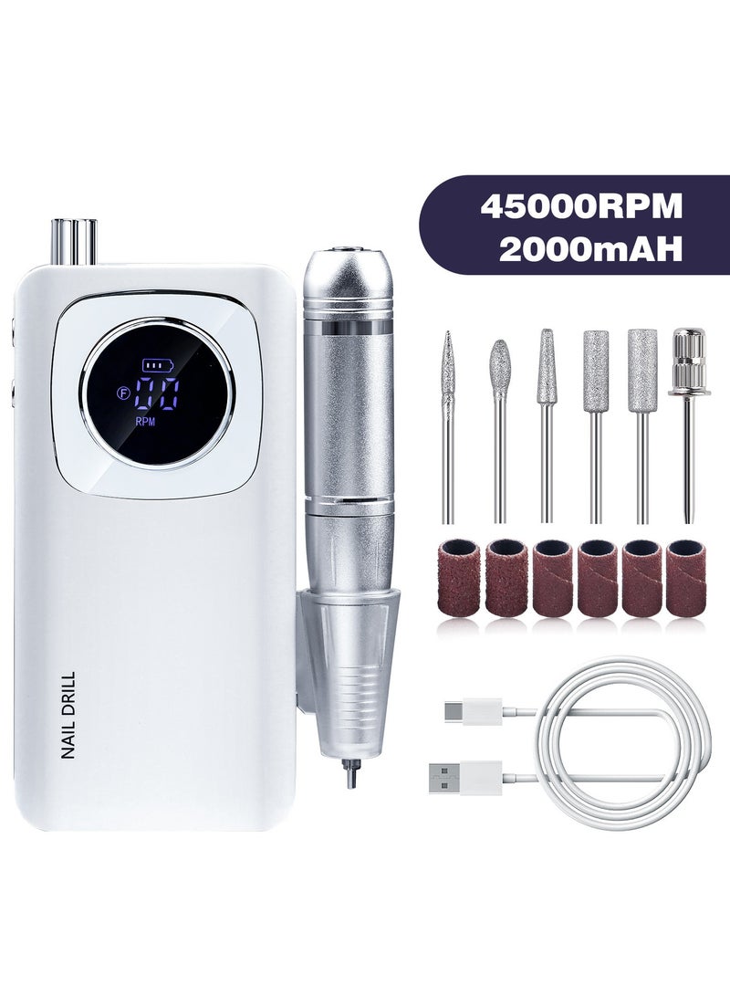GUDOO مثقاب أظافر قابل لإعادة الشحن 45000 دورة في الدقيقة، جهاز مثقاب أظافر كهربائي، مجموعة مثقاب أظافر كهربائية عالية السرعة لصالونات الأظافر، فضي