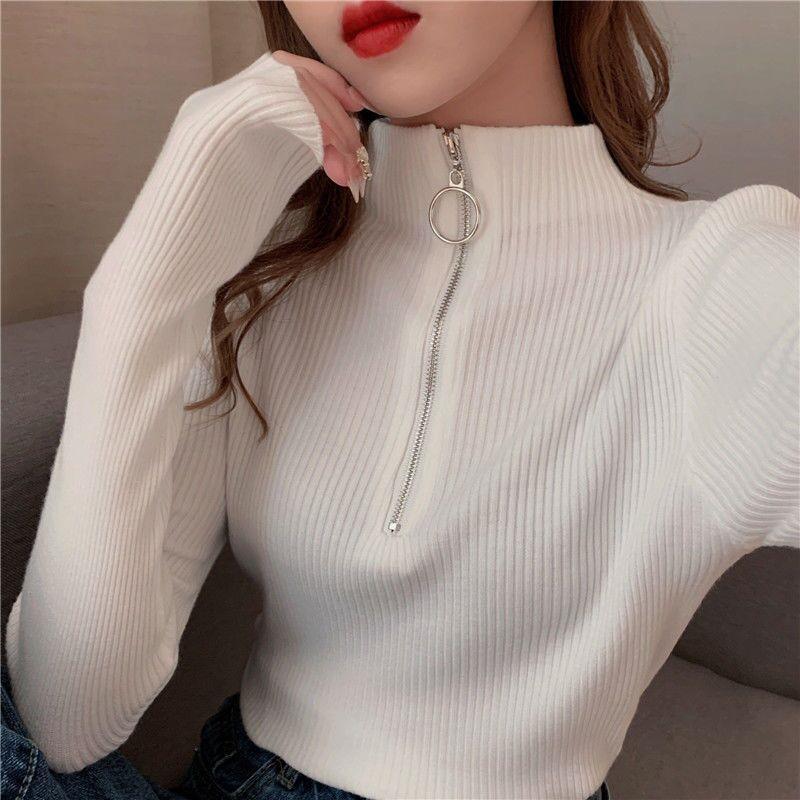 Autumn Turtleneck Slim Fit T-Shirt for Women White (ring zipper)