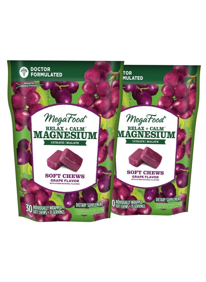 MegaFood Relax + Calm Magnesium Supplement -Soft Chews with Magnesium Citrate & Magnesium Malate - Grape-Flavor - Dr Formulated - Vegetarian - Without 9 Food Allergens - 30 Chews (Pack of 2) - Image 1