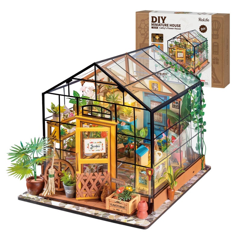 Rolife DIY Miniature Dollhouse Kit,Green House with Furniture and LED,Wooden Dollhouse Kit,Best Birthday and Valentine's Day Gift for Women and Girls - Image 1
