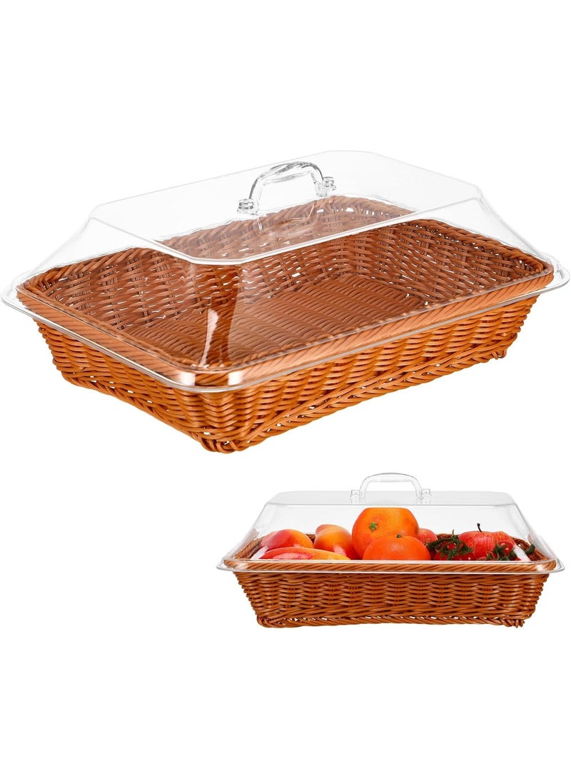 Wicker Basket with Acrylic Lid, Wicker Bread Basket with Lid, 1/2 Pack Imitation Rattan Bread Basket Wicker Bread Basket for Serving with Acrylic Lid Woven Fruit Ba, Wicker Basket for Food - Image 1