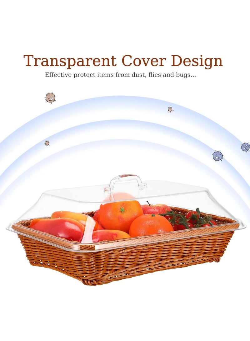 Wicker Basket with Acrylic Lid, Wicker Bread Basket with Lid, 1/2 Pack Imitation Rattan Bread Basket Wicker Bread Basket for Serving with Acrylic Lid Woven Fruit Ba, Wicker Basket for Food - Image 4