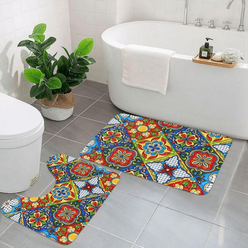 KRLZ Boho Bathroom Rugs Sets 2 Piece Non Slip Bath Mats for Bathroom Absorbent Microfiber Bathroom Mats Bohemian Bathroom Runner Shower Rug with U Shaped Toilet Rug Bath Rugs Floor Mat Carpet - Image 1