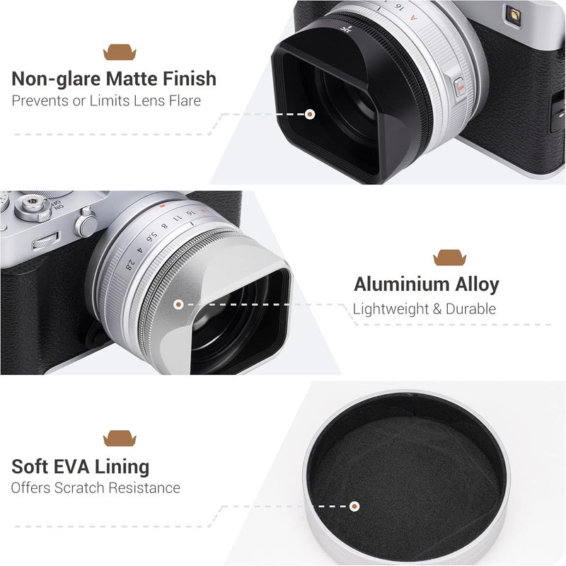 JJC غطاء عدسة مربع معدني مع غطاء و حلقة محول، لكاميرا فوجي فوجي فيلم XF 23mm F2.8 R WR على X-E5 XE5، واقي عدسة لـ XF 27mm F2.8 R WR، يستبدل LH-XF27 (غير مناسب لـ TTArtisan) - فضي - Image 2