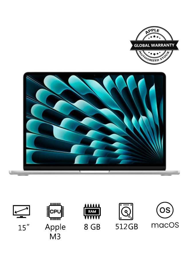 MacBook Air MRYQ3 | 15 Inch Display | Apple M3 Chip | 8-Core CPU and 10-Core GPU | 8GB RAM | 512GB SSD | macOS | English Keyboard | International Version | Silver