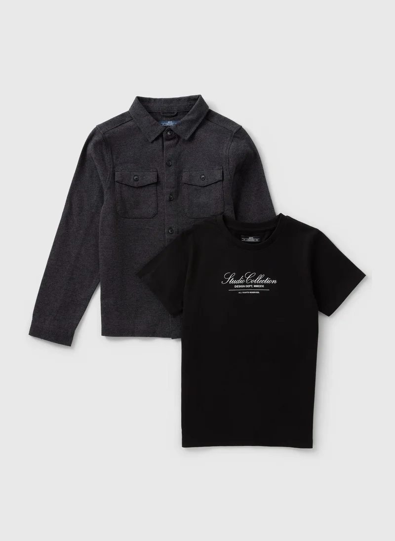 ماتلان Boys Grey Shacket & T-Shirt Set