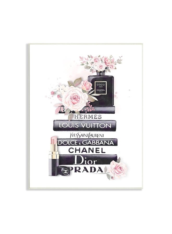 Stupell Industries كتاب أزياء مكدس من الورود الوردية واللوازم الشخصية، مصمم بواسطة روس روسيفا، لوحة جدارية، سوداء