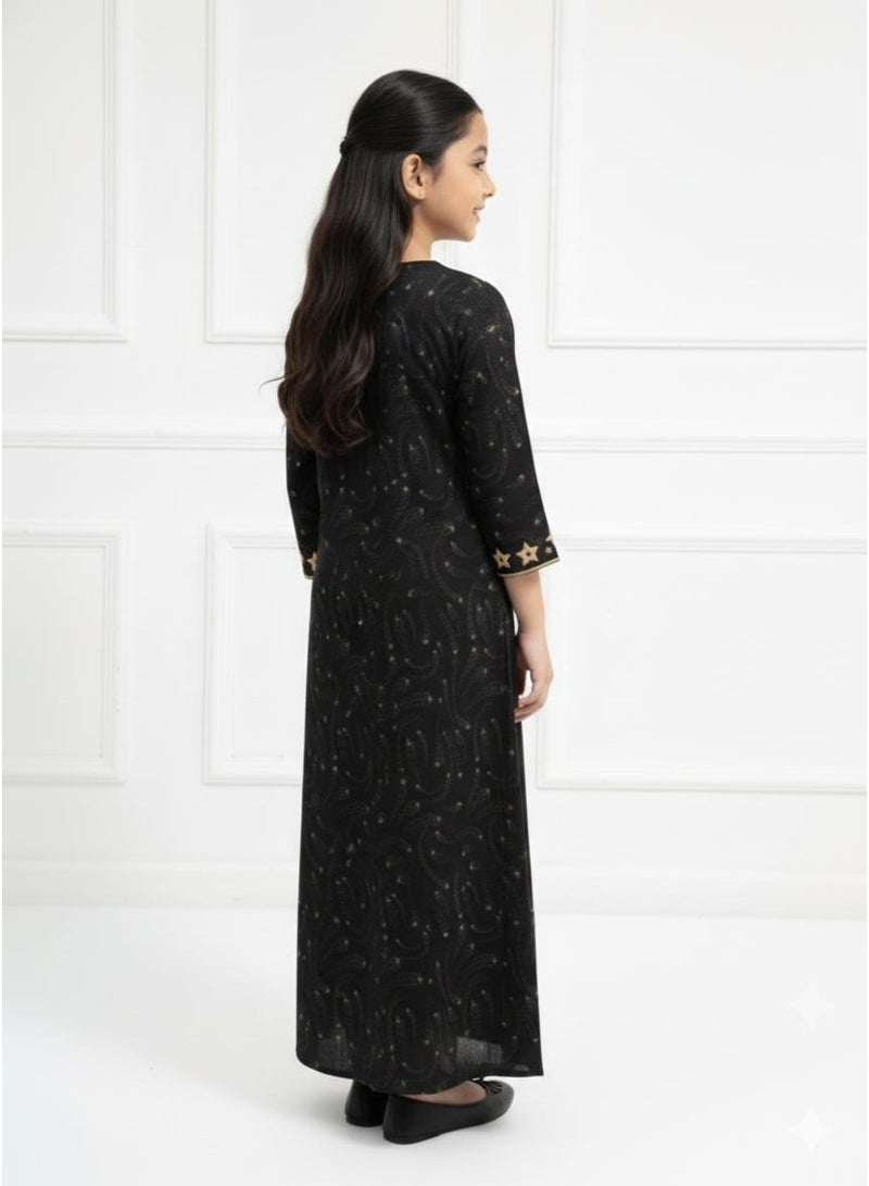 Linelle Rayon Black Printed Kids Jalabiya, Golden Star & Moon Embroidery - Image 3