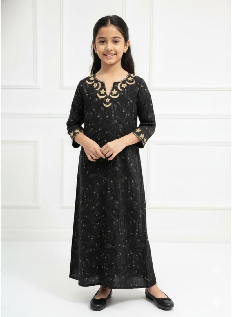 Linelle Rayon Black Printed Kids Jalabiya, Golden Star & Moon Embroidery - Image 1