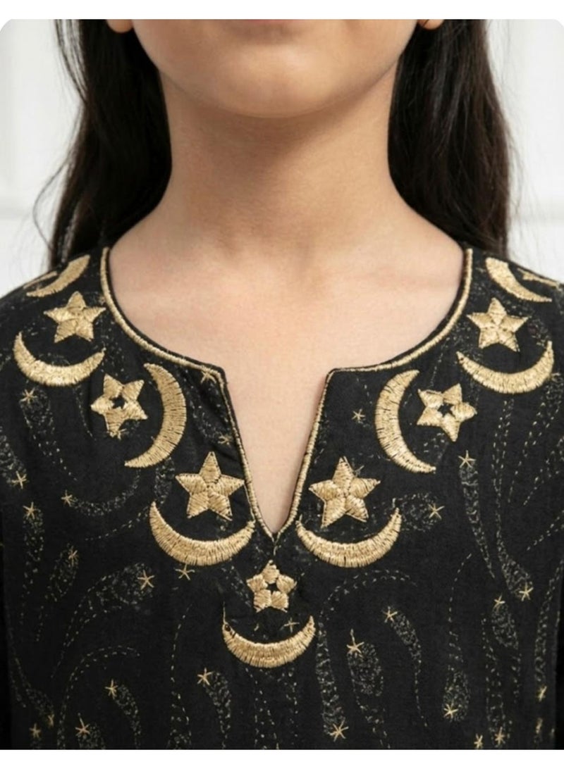 Linelle Rayon Black Printed Kids Jalabiya, Golden Star & Moon Embroidery - Image 4