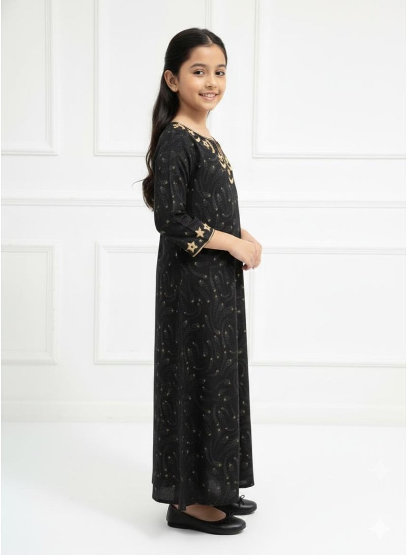 Linelle Rayon Black Printed Kids Jalabiya, Golden Star & Moon Embroidery - Image 2
