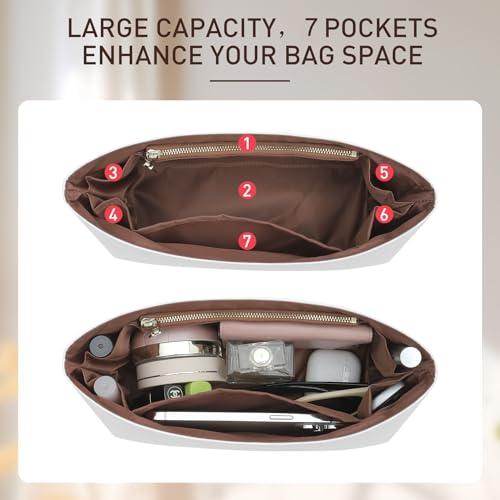 Doxo Purse Organizer Insert Compatible with Coach Brooklyn 28 Bag Insert, Soft Lightweight WaterResistant DupontPaper Divider for Tote Handbag Shaper, 7 Pockets with Zipper(White-Brown) - Image 4