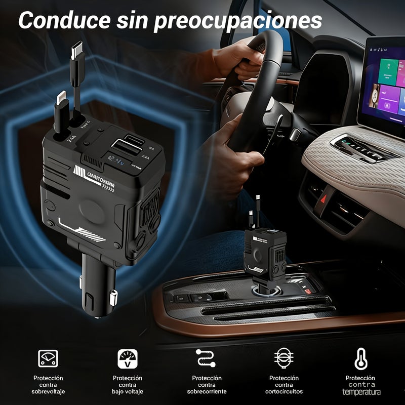 W&O 66W Mecha-Style Super Fast Charging Car Charger with Type-C and Lightning Retractable Cables - Image 3