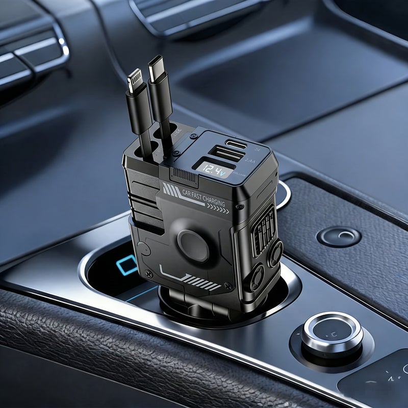 W&O 66W Mecha-Style Super Fast Charging Car Charger with Type-C and Lightning Retractable Cables - Image 2