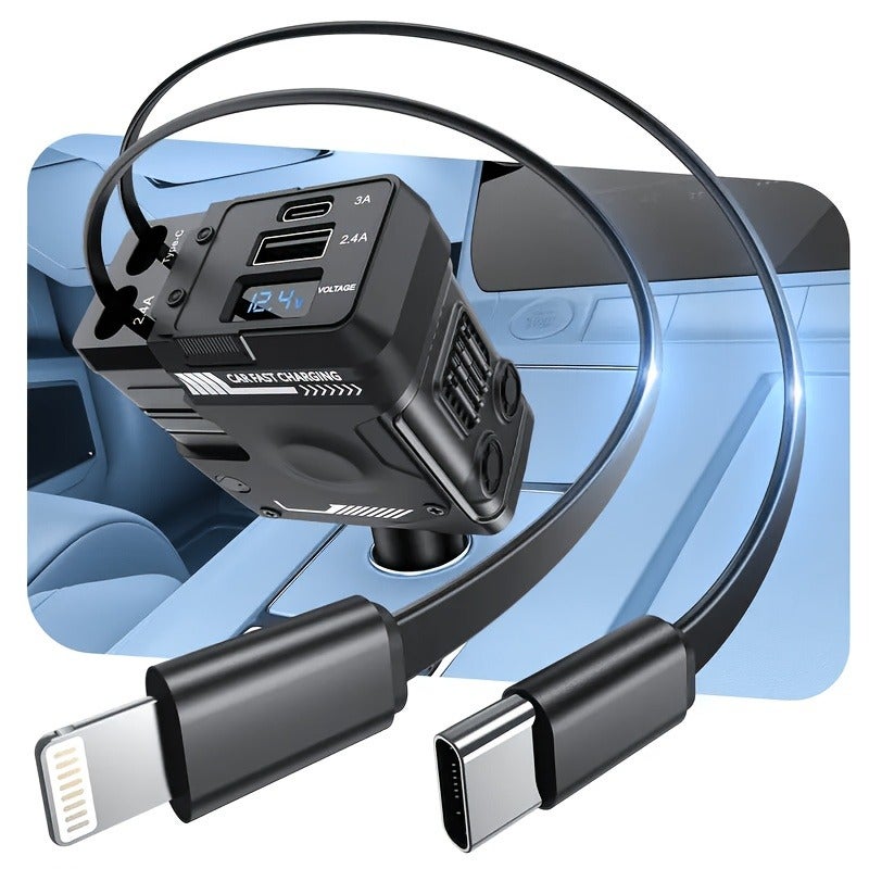 W&O 66W Mecha-Style Super Fast Charging Car Charger with Type-C and Lightning Retractable Cables - Image 1