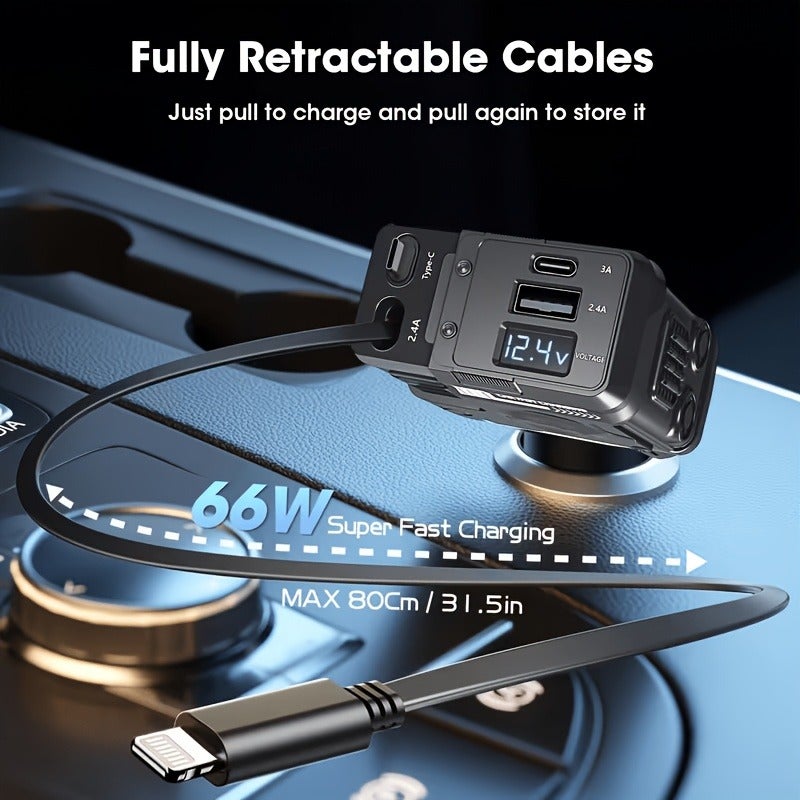 W&O 66W Mecha-Style Super Fast Charging Car Charger with Type-C and Lightning Retractable Cables - Image 5