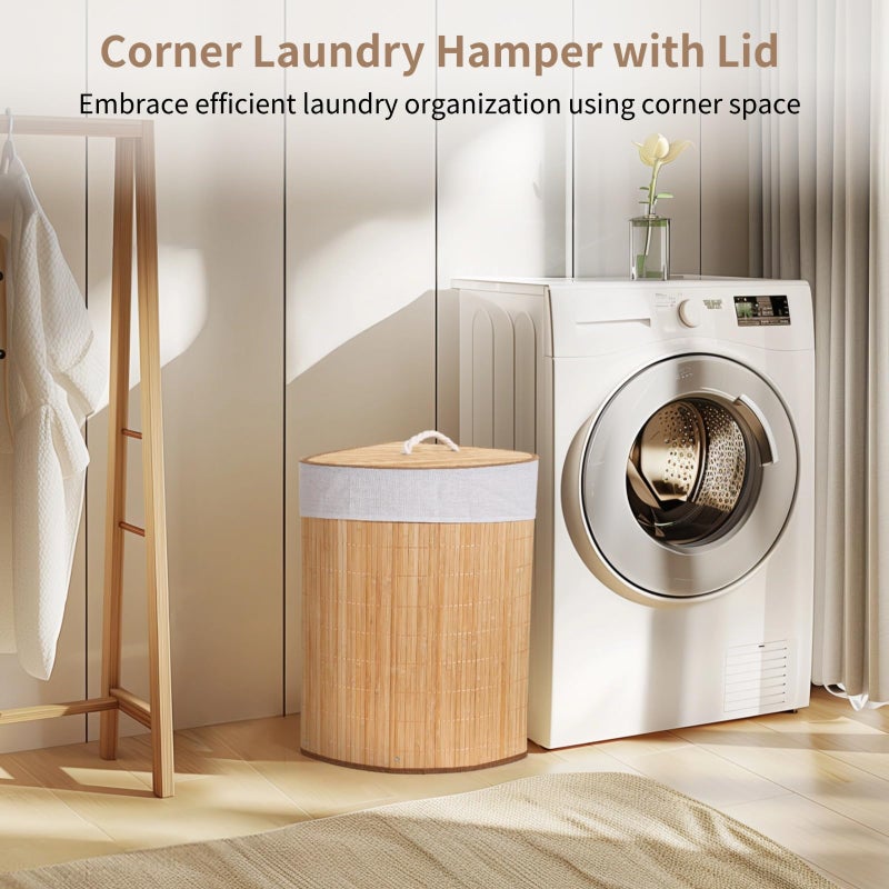 DORMIYA Corner Laundry Hamper with Lid, Foldable Triangle Clothes Hamper, Natural Wood Weave Laundry Basket Bin for Bedroom Bathroom Laundry Room, 25 x 18 in - Image 3