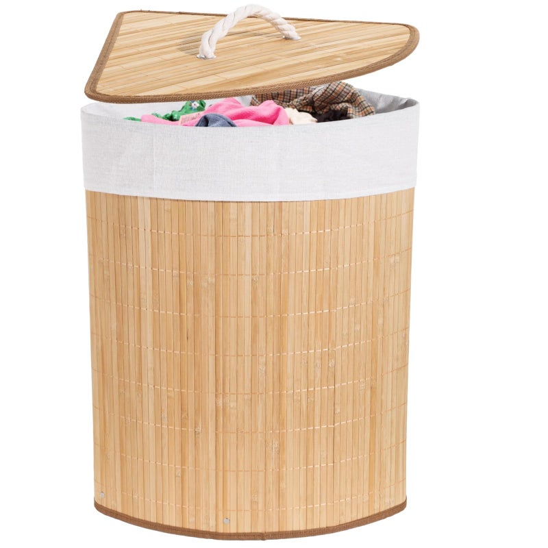 DORMIYA Corner Laundry Hamper with Lid, Foldable Triangle Clothes Hamper, Natural Wood Weave Laundry Basket Bin for Bedroom Bathroom Laundry Room, 25 x 18 in - Image 1
