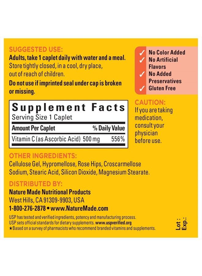 Nature Made Vitamin C 500 mg with Rose Hips, Dietary Supplement for Immune Support, 130 Caplets, 130 Day Supply  - Image 5