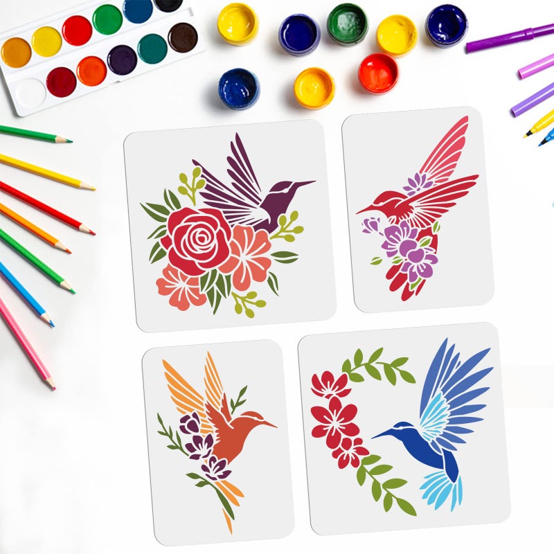 MAYJOYDIY 4pcs Hummingbird Flowers Stencils Hummingbird Stencil Bird Rose Peach Blossom 8.3×11.7/11.8×11.8 Inch Reusable DIY Art Craft Template for Painting on Wood Fabric Wall Furniture - Image 1