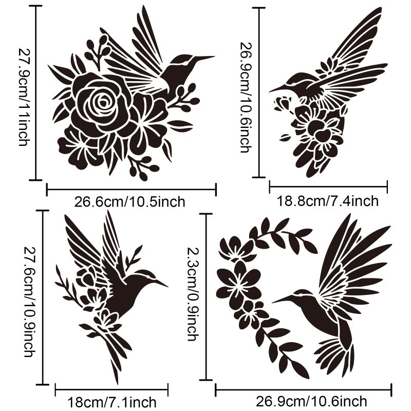 MAYJOYDIY 4pcs Hummingbird Flowers Stencils Hummingbird Stencil Bird Rose Peach Blossom 8.3×11.7/11.8×11.8 Inch Reusable DIY Art Craft Template for Painting on Wood Fabric Wall Furniture - Image 3