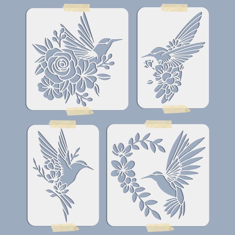 MAYJOYDIY 4pcs Hummingbird Flowers Stencils Hummingbird Stencil Bird Rose Peach Blossom 8.3×11.7/11.8×11.8 Inch Reusable DIY Art Craft Template for Painting on Wood Fabric Wall Furniture - Image 2