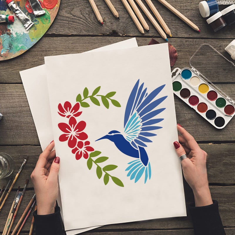 MAYJOYDIY 4pcs Hummingbird Flowers Stencils Hummingbird Stencil Bird Rose Peach Blossom 8.3×11.7/11.8×11.8 Inch Reusable DIY Art Craft Template for Painting on Wood Fabric Wall Furniture - Image 4