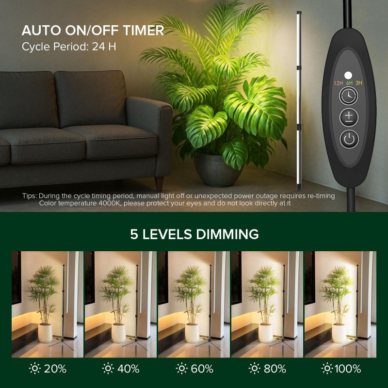 Sansi أضواء نمو قائمة SANSI T10 للنباتات الداخلية، 55 واط 144 LED ضوء نبات كامل الطيف ضوء نمو عمودي، 4.34 قدم قابل للتعديل بثلاث مراحل، 5 مستويات سطوع، مؤقت 3/6/12 ساعة، 4000 كيلفن، لتغطية واسعة للنمو - Image 5