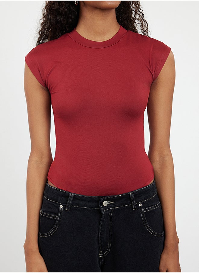 trendyol Burgundy Fitted Long Sleeve Stand Collar Flexible Snap Fastener Knitted Body TWOAW25BD00003  - Image 3