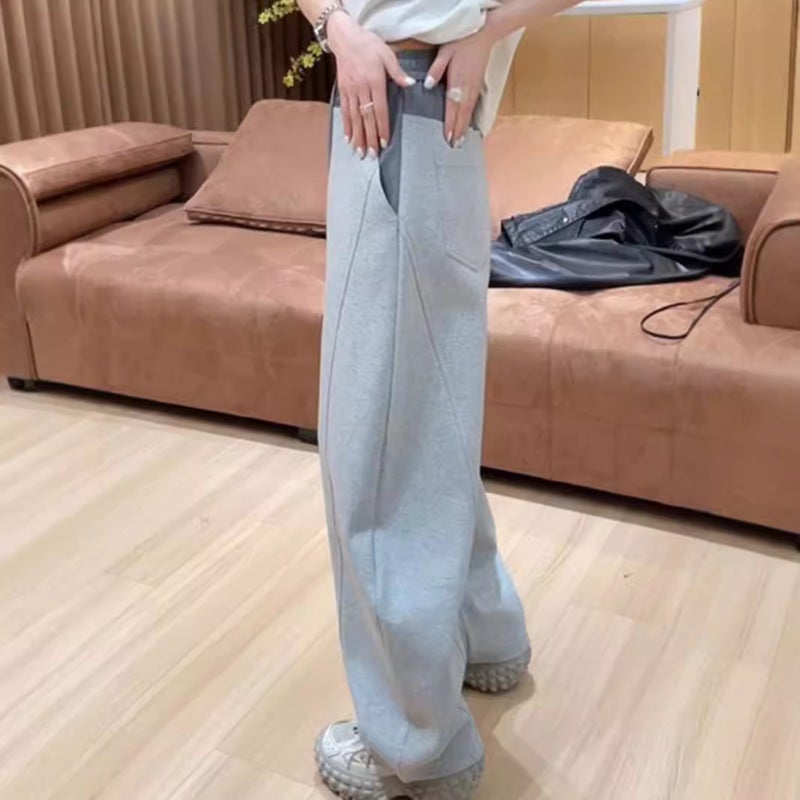 2025 Early Autumn New European Gray Contrast Color Stitching Fashion Easiest for Match Casual Pants Women's Niche Design Wide Leg Pants - Image 4