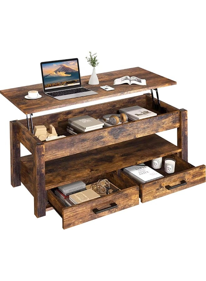 Beauenty Coffee Table, Lift Top Coffee Tables for Living Room, Office, Small Rising Wooden Dining Center Tables with 2 Storage Shelf and Hidden Compartment (brown) - Image 1