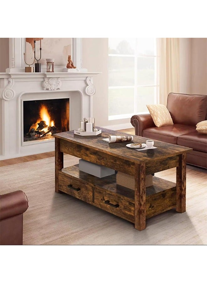 Beauenty Coffee Table, Lift Top Coffee Tables for Living Room, Office, Small Rising Wooden Dining Center Tables with 2 Storage Shelf and Hidden Compartment (brown) - Image 2