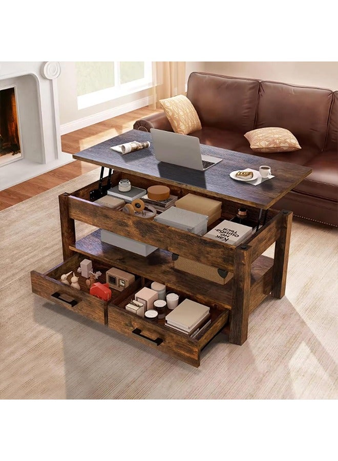 Beauenty Coffee Table, Lift Top Coffee Tables for Living Room, Office, Small Rising Wooden Dining Center Tables with 2 Storage Shelf and Hidden Compartment (brown) - Image 3