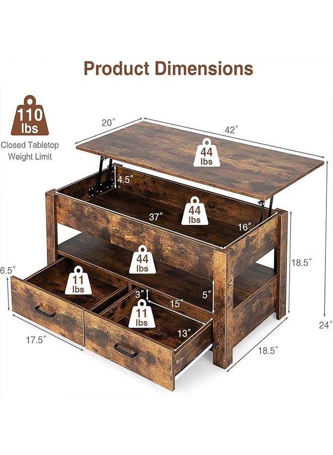 Beauenty Coffee Table, Lift Top Coffee Tables for Living Room, Office, Small Rising Wooden Dining Center Tables with 2 Storage Shelf and Hidden Compartment (brown) - Image 4