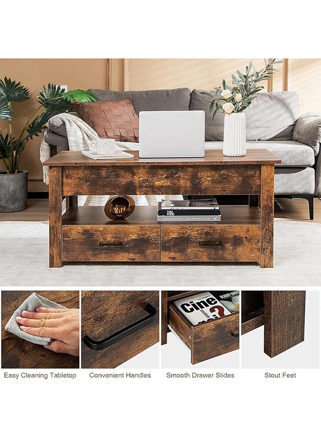 Beauenty Coffee Table, Lift Top Coffee Tables for Living Room, Office, Small Rising Wooden Dining Center Tables with 2 Storage Shelf and Hidden Compartment (brown) - Image 5