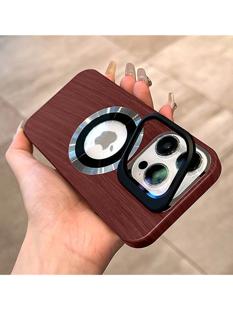 Wtech MR. BIGC Series Wooden Texture Raised Lips Camera Magsafe Case Cover For Apple iPhone 15 Pro Max 2023 Burgundy Red - Image 2
