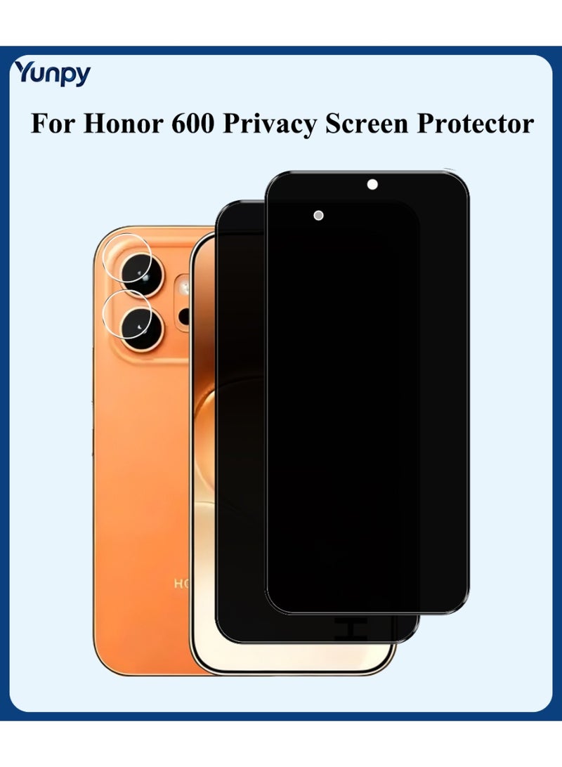 Yunpy [2+1 Packs] for Honor 600 Privacy Tempered Glass Screen Protector with Camera Lens Film, Including 2 Pack Privacy Front Glass and 1 Pack Camera Lens Film, 9H Hardness HD Clear Anti-Scratch Anti-Fingerprint Bubble-Free Case Friendly Screen Protector - Image 1