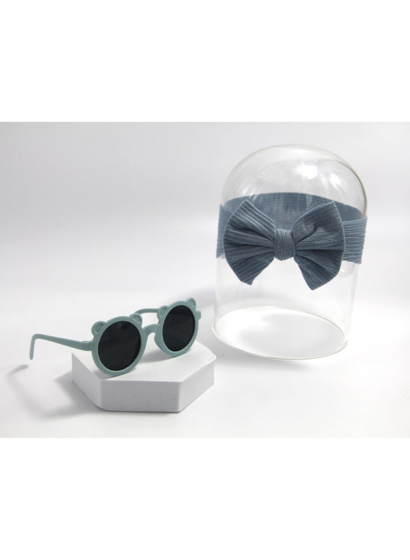 دىدانيالا طقم ليلى نظارة و فيونكة شعر للبنات والأطفال - رمادي مزرق