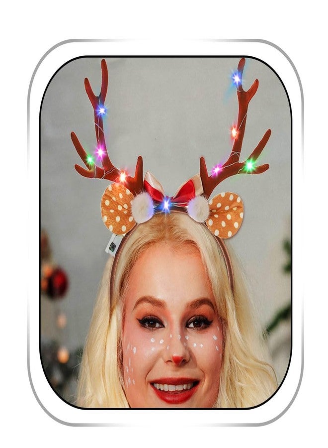 فديزاينر طوق رأس بتصميم قرون غزال الرنة، طوق رأس بني مضيء لعيد الميلاد، طوق رأس على شكل غزال، طوق رأس على شكل آذان غزال صغير، إكسسوارات شعر نسائية للعطلات، دعائم للأزياء التنكرية (فيونكة) - Image 1