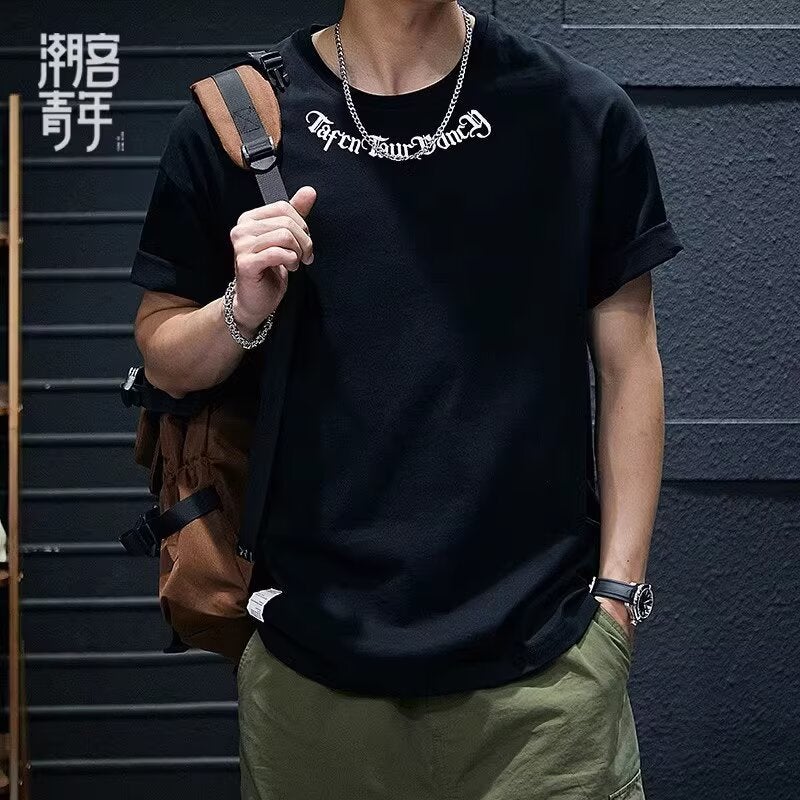 Casual Heavyweight Embroidered Short-Sleeved T-Shirt Men'S Summer Trendy Brand Loose Large Size Plus Fat Half-Sleeved Simple Versatile Top - Image 1