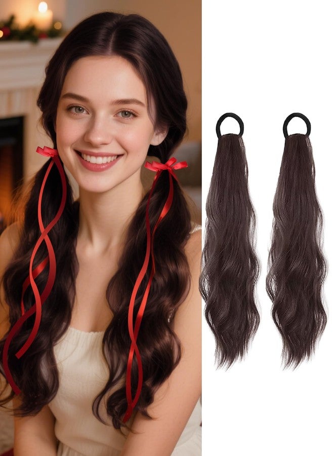 WZNBBOY 2PCS Curly Ponytail Extension with Ribbon Bow 17 Inch Resistant Synthetic Natural Wavy Hairpiece Long Curly Wavy Hair Piece Brown Pony Tail Hair Extensions for Women - Image 1
