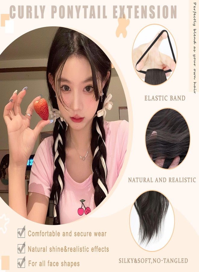 WZNBBOY 2PCS Curly Ponytail Extension with Ribbon Bow 17 Inch Resistant Synthetic Natural Wavy Hairpiece Long Curly Wavy Hair Piece Brown Pony Tail Hair Extensions for Women - Image 3