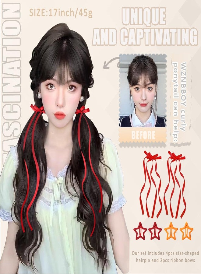 WZNBBOY 2PCS Curly Ponytail Extension with Ribbon Bow 17 Inch Resistant Synthetic Natural Wavy Hairpiece Long Curly Wavy Hair Piece Brown Pony Tail Hair Extensions for Women - Image 2