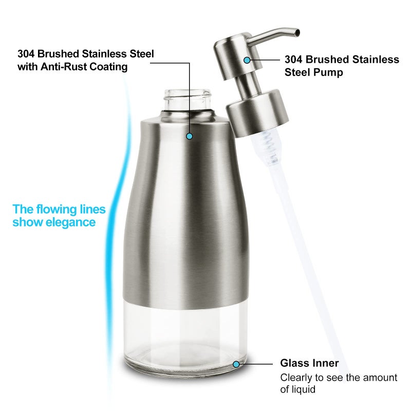 AUMIO Dish Soap Dispenser with Stickers, Kitchen Soap Dispensers Brushed Nickel Stainless Steel and Glass Combined, Refillable Liquid Hand Soap Dispenser for Bathroom & Kitchen (11OZ / 320ML) - Image 3