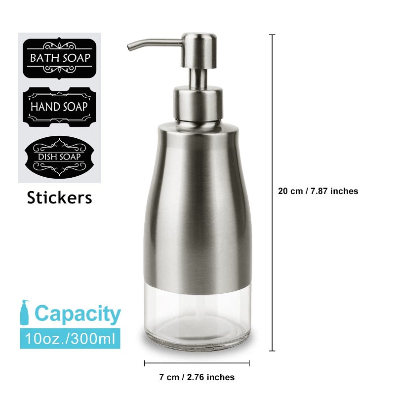 AUMIO Dish Soap Dispenser with Stickers, Kitchen Soap Dispensers Brushed Nickel Stainless Steel and Glass Combined, Refillable Liquid Hand Soap Dispenser for Bathroom & Kitchen (11OZ / 320ML) - Image 2